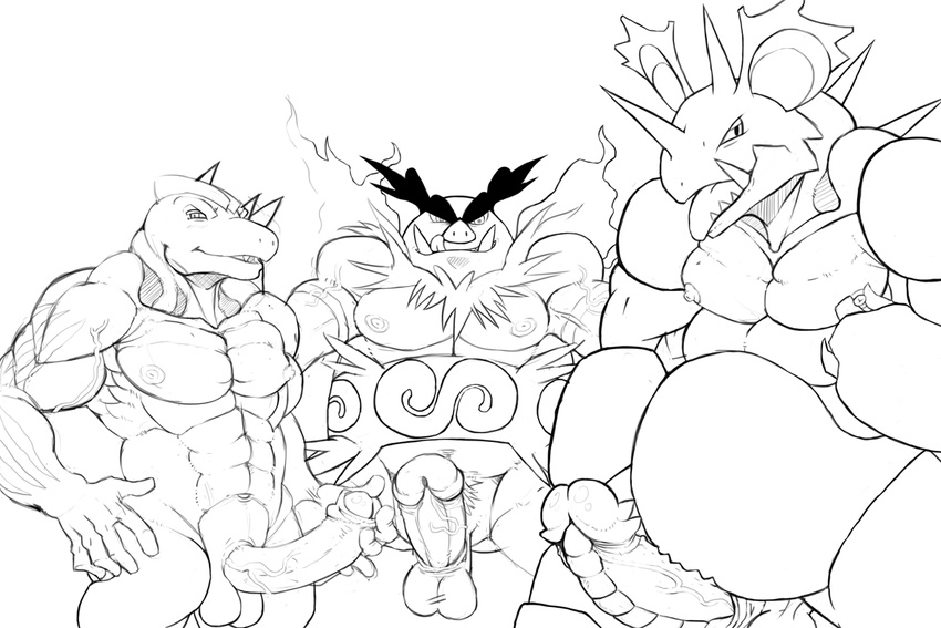 balls biceps big_balls big_muscles big_penis chubby emboar erection fat machoke male muscles nidoking nintendo nipples overweight penis plain_background pok&#233;mon pok&eacute;mon ragnarokdragon tongue tusks vein veins video_games white_background