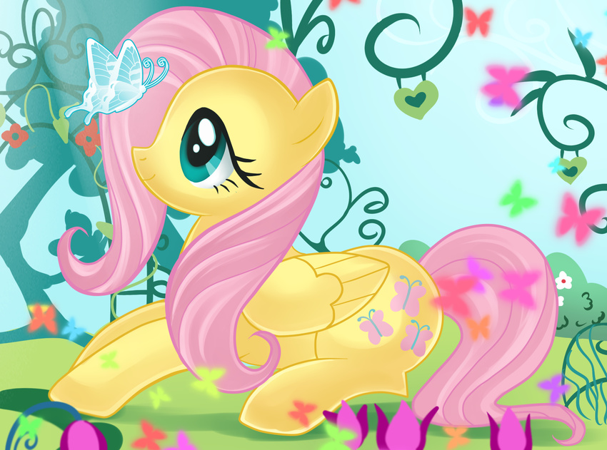 butterfly equine female feral fluttershy_(mlp) friendship_is_magic garden green_eyes hair horse insect mammal mikuhoshi my_little_pony pegasus pink_hair pony wings