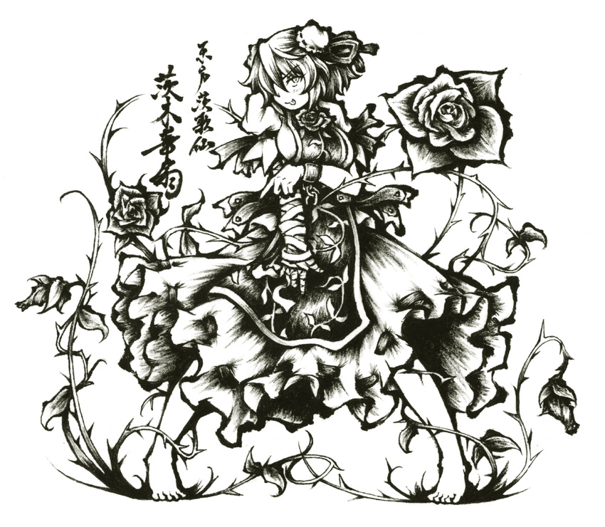 bandages barefoot bun_cover cuffs double_bun dress flower highres ibaraki_kasen link163353 monochrome plant rose shackles short_hair smile solo tabard tongue tongue_out touhou translation_request vines
