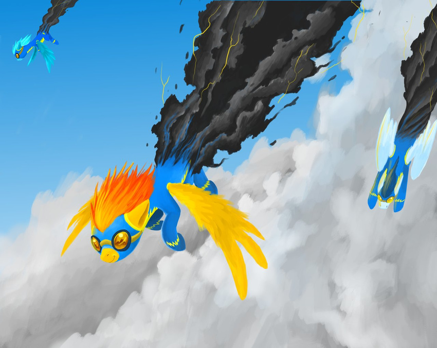 eyewear felixattchar female feral flying friendship_is_magic goggles horse male mammal my_little_pony pegasus pony skinsuit smoke soarin_(mlp) spitfire_(mlp) thunder unknown_pony wings wonderbolts_(mlp)