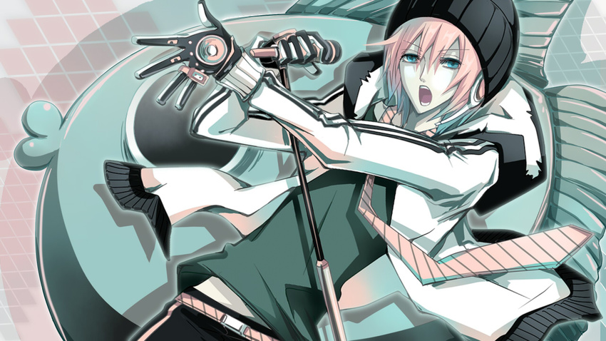 66_(roro) alternate_eye_color android arm_up beanie black_gloves blue_eyes dutch_angle fish gloves hat hood hooded_jacket jacket jewelry male_focus manbou_no_ane microphone microphone_stand music necktie official_art open_mouth outline pink_hair ring robot_ears singing solo speaker striped striped_neckwear vocaloid vy2 white_jacket