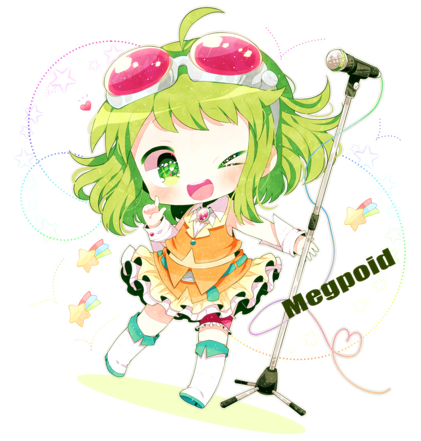 &gt;_o 1girl ;d ahoge bangs belt boots brooch character_name chibi collared_shirt frilled_skirt frills full_body goggles goggles_on_head green_eyes green_hair gumi haru431 heart highres index_finger_raised jewelry microphone_stand one_eye_closed open_mouth orange_skirt orange_vest shirt short_hair skirt smile solo sparkling_eyes star thigh_strap vocaloid white_legwear wrist_cuffs