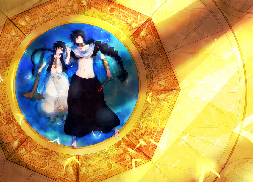 aladdin_(magi) bad_id bad_pixiv_id baggy_pants black_hair braid flute harem_pants instrument jewelry judal lying magi_the_labyrinth_of_magic magic_circle male_focus midriff monarin multiple_boys neck_ring pants single_braid staff wand water