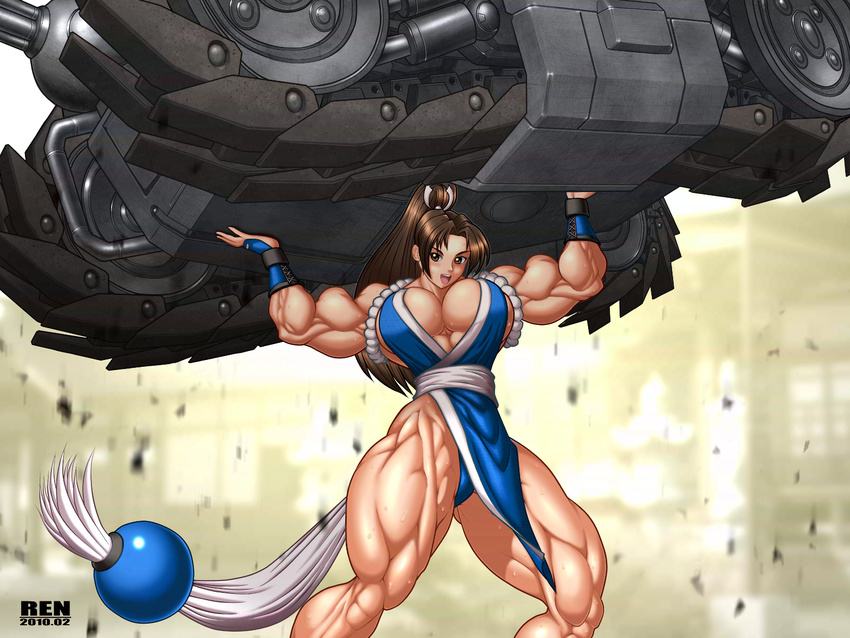 biceps breasts crossover extreme_muscles fatal_fury female flex flexing highres huge_breasts king_of_fighters large_breasts lifting masami metal_slug military military_vehicle muscle muscular_female outdoors pose ren_(tainca2000) rentb shiranui_mai snk solo tank vehicle