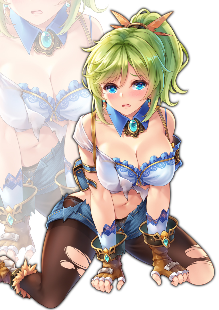 all_fours awakening_(sennen_sensou_aigis) bangs black_legwear blue_eyes blush breasts cleavage commentary_request denim denim_shorts detached_collar fingerless_gloves full_body garter_belt garter_straps gem gloves green_hair hair_ornament highres lingerie long_hair looking_at_viewer makirin navel open_mouth pantyhose ponytail sennen_sensou_aigis shorts solo tearing_up tial_(sennen_sensou_aigis) torn_clothes torn_legwear underwear white_background zoom_layer