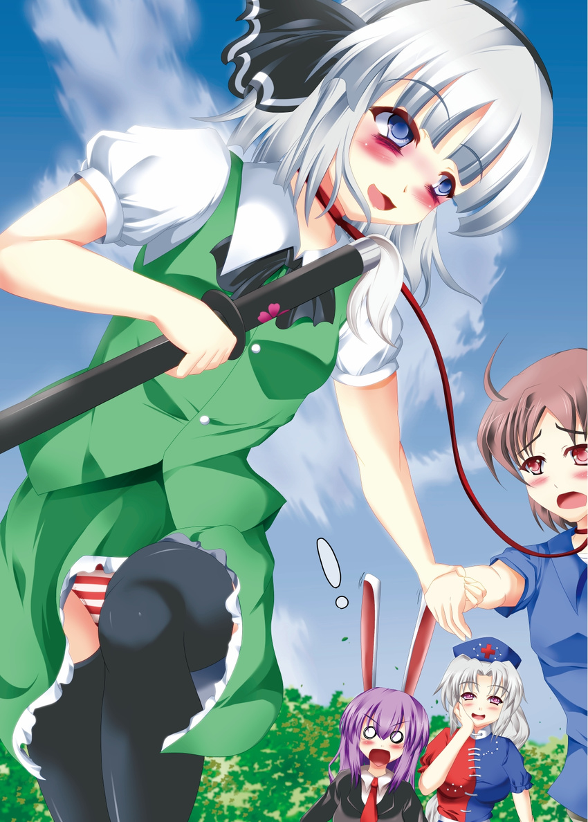 ahoge animal_ears blue_eyes blush brown_hair bunny_ears cloud commentary_request cross day hat highres konpaku_youmu leash lilybell multiple_girls necktie o_o open_mouth panties red_eyes reisen_udongein_inaba silver_hair striped striped_panties sword thighhighs touhou translation_request underwear weapon yagokoro_eirin yandere
