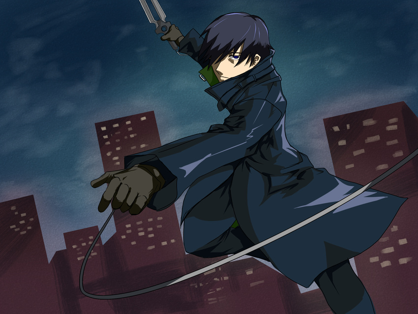 black_hair city darker_than_black hei highres knife solo trench_coat trenchcoat weapon wire