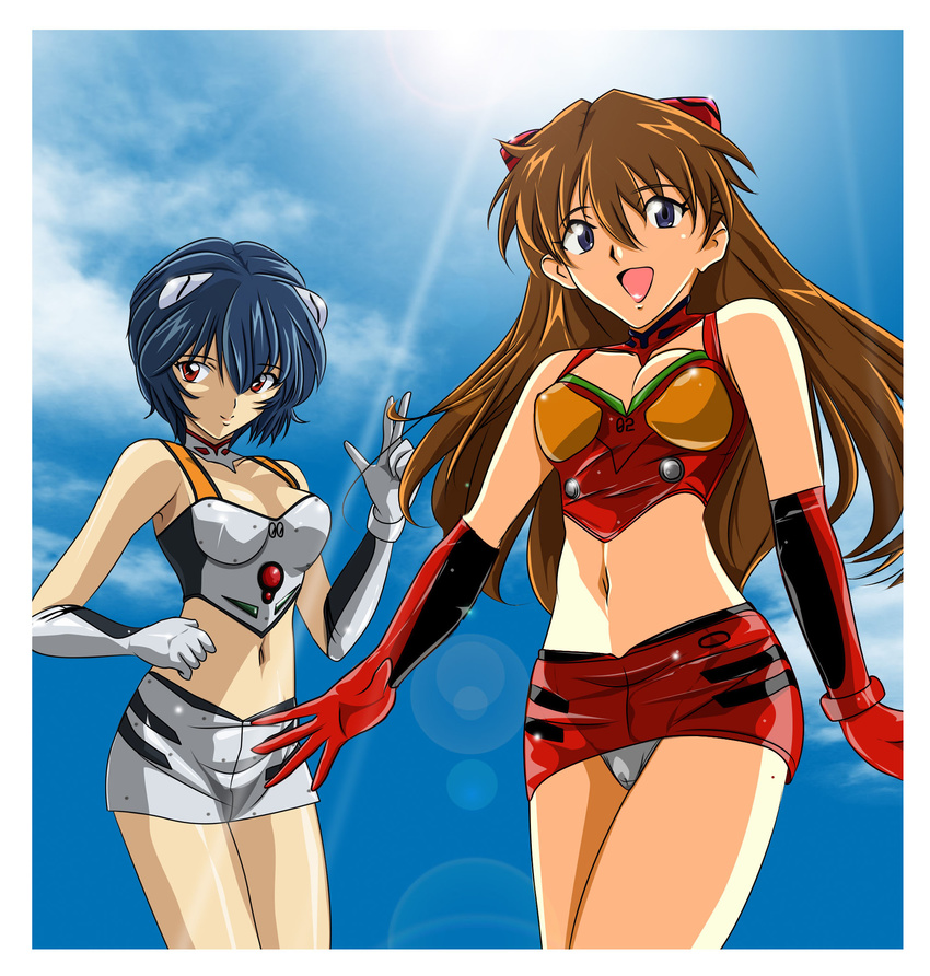 adapted_costume ayanami_rei blue_eyes blue_hair brown_hair gentoku gloves highres long_hair miniskirt multiple_girls navel neon_genesis_evangelion panties pantyshot race_queen red_eyes short_hair skirt souryuu_asuka_langley underwear