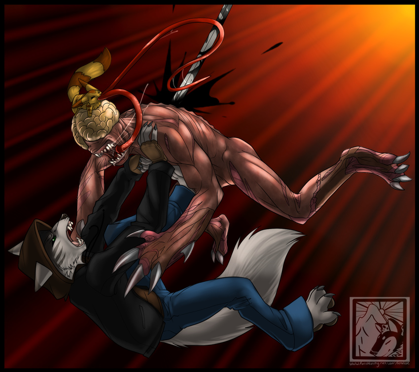 anthro canine dog duo feralise licker licker_b male mammal resident_evil squirrelfox sword tongue weapon
