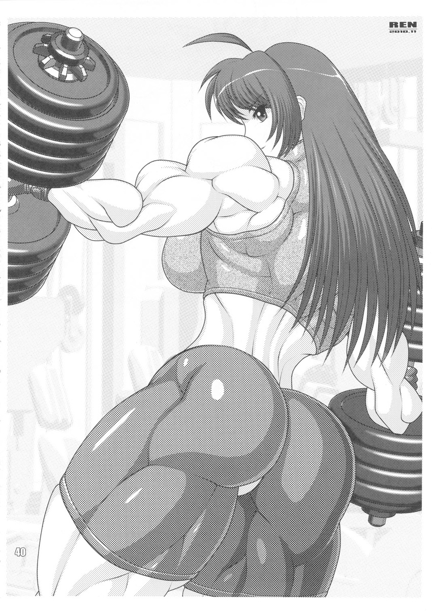 ahoge ass biceps breasts extreme_muscles highres huge_breasts impossible_clothes impossible_clothing looking_back monochrome muscle muscular_female ren_(tainca2000) rentb tight tight_clothes weights