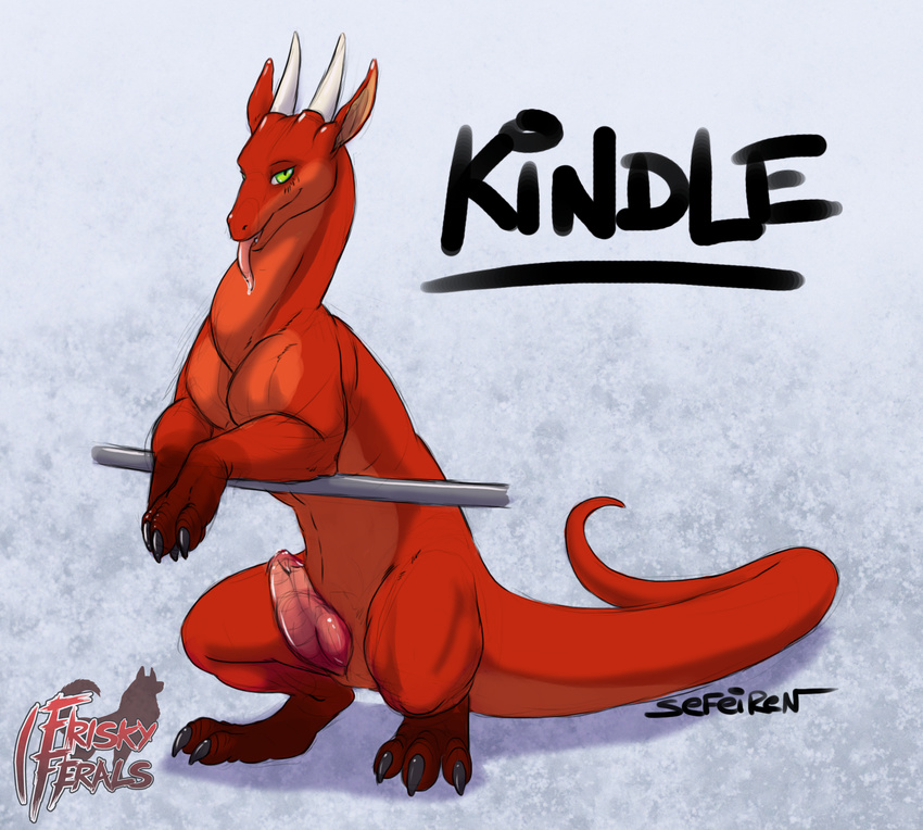 blush canine claws color crouching digitigrade dragon ears erection exposed feral free_content frisky_ferals green_eyes hindpaw horn horns kindle logo looking_at_viewer male nude paws penis presenting red_dragon saliva scalie sefeiren silhouette sketch solo spread_legs spreading tail tongue
