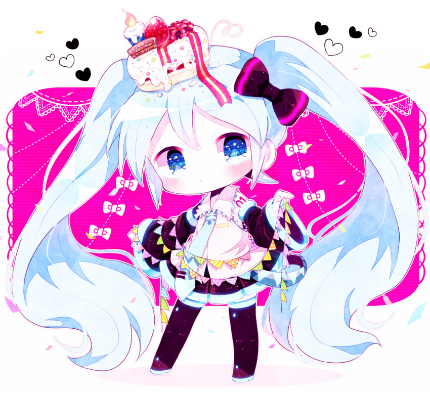 1girl bangs birthday_cake black_bow black_footwear black_skirt blue_eyes blue_hair blue_neckwear blush boots bow cake candle chibi collared_shirt confetti detached_sleeves expressionless food food_on_head fruit full_body hair_bow haru431 hatsune_miku heart holding light_blue_hair long_hair long_sleeves looking_at_viewer miniskirt necktie object_on_head pennant pink_background pleated_skirt ribbon shirt skirt solo sparkling_eyes standing strap strawberry string_of_flags striped striped_ribbon thigh_boots thighhighs tie_clip twintails very_long_hair vocaloid white_shirt