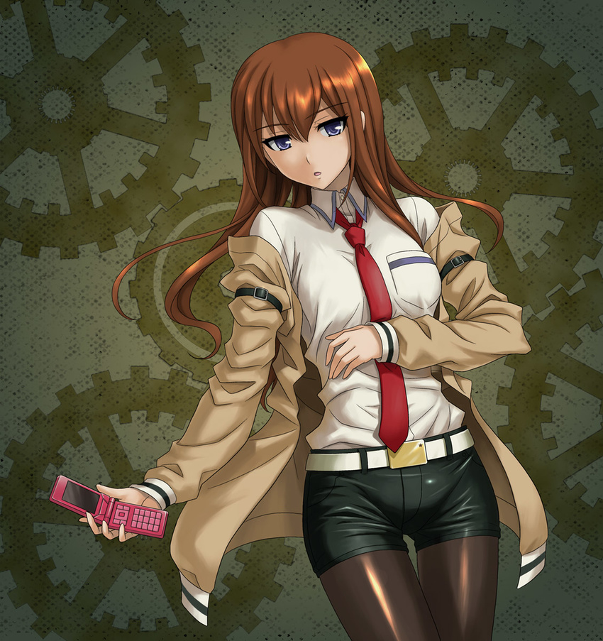 blue_eyes breasts brown_hair cellphone gears hida_tatsuo highres legwear_under_shorts long_hair makise_kurisu medium_breasts necktie pantyhose phone red_neckwear shorts solo steins;gate