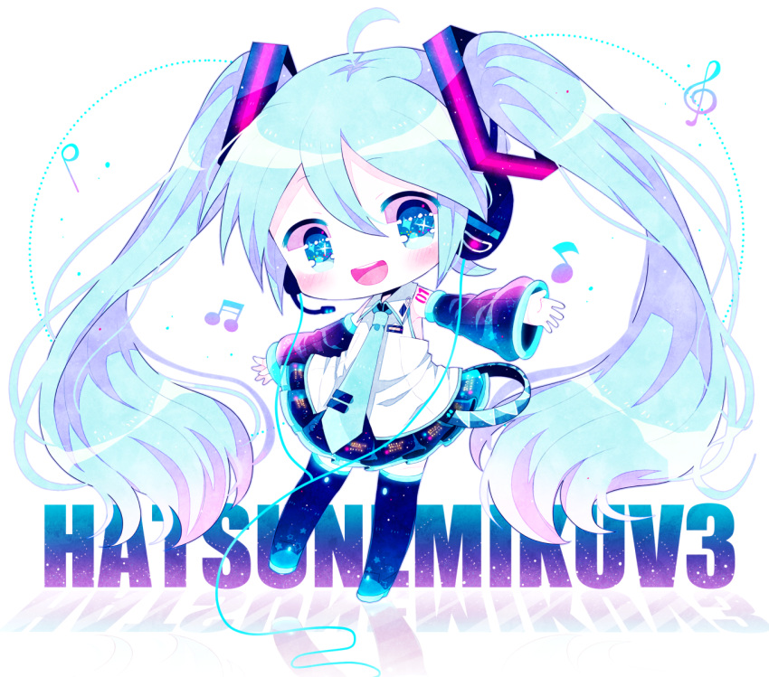 1girl :d ahoge blue_eyes blue_neckwear blush cable character_name chibi collared_shirt detached_sleeves full_body haru431 hatsune_miku hatsune_miku_(vocaloid3) headset highres light_blue_hair long_hair looking_at_viewer miniskirt musical_note necktie open_mouth see-through_sleeves shirt shoulder_tattoo skirt smile solo sparkling_eyes strap tattoo tie_clip twintails very_long_hair vocaloid white_shirt