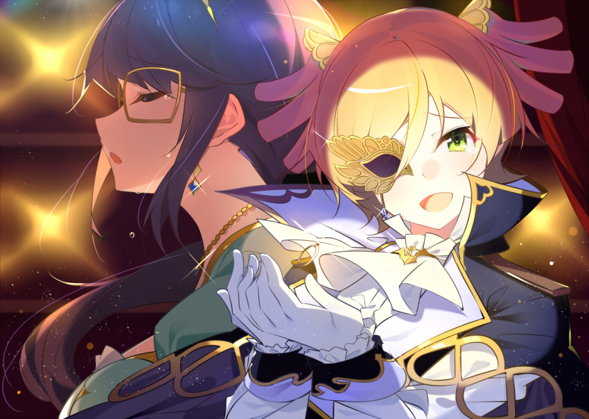 alternate_costume benio_(dontsugel) blonde_hair cape closed_eyes commentary_request curtains daiba_nana earrings glasses gloves green_eyes hoshimi_junna jewelry long_hair mask multiple_girls necklace open_mouth phantom_of_the_opera purple_hair ring shoujo_kageki_revue_starlight shoujo_kageki_revue_starlight_-re_live- spotlight twintails white_gloves