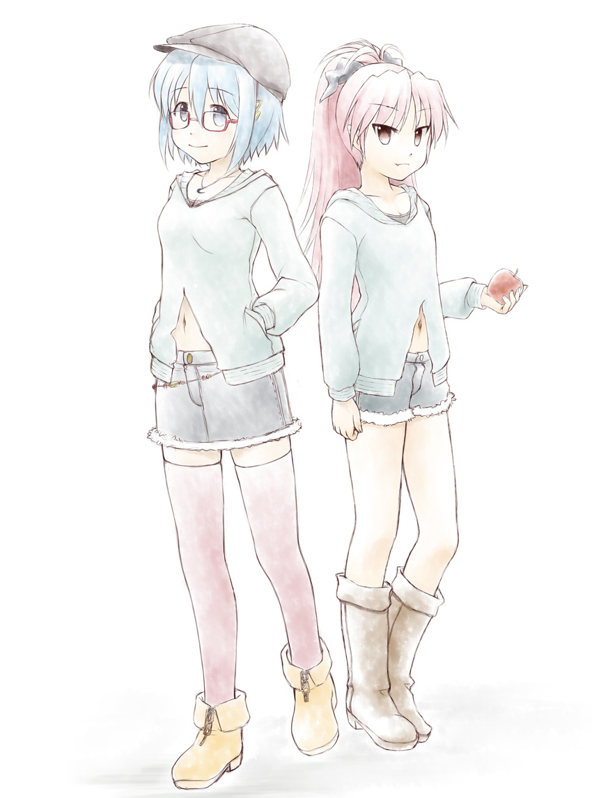 apple blue_eyes blue_hair boots casual dancho_(danch) food fruit hat highres mahou_shoujo_madoka_magica miki_sayaka multiple_girls navel ponytail red_hair sakura_kyouko short_hair thighhighs