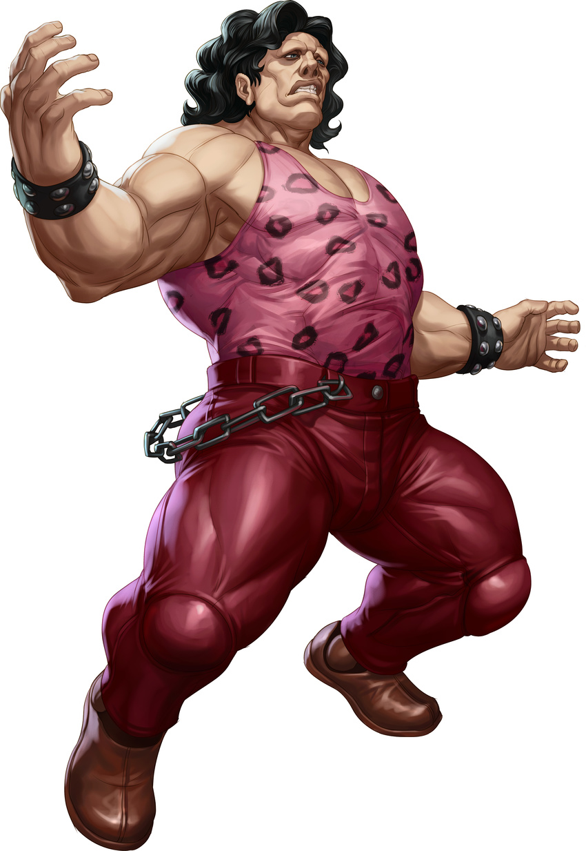 absurdres animal_print black_hair chain curly_hair final_fight highres hugo_andore leopard_print male_focus muscle official_art simple_background solo stanley_lau street_fighter street_fighter_iii_(series)