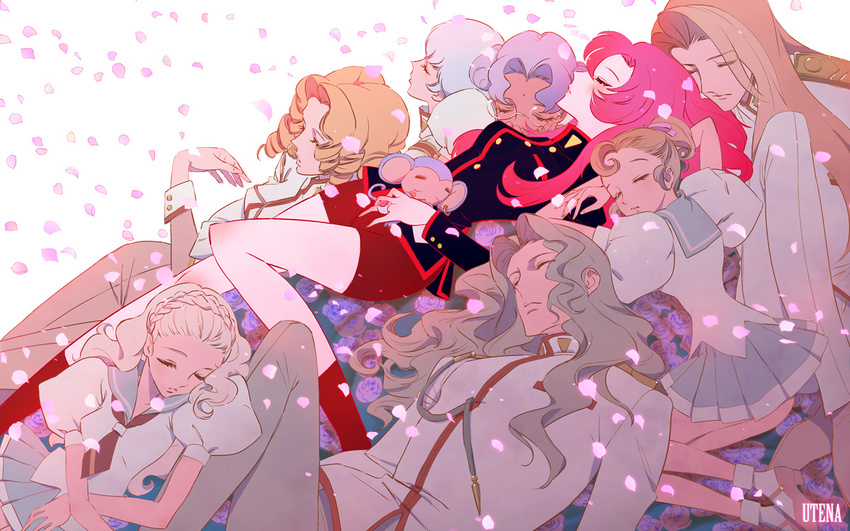 5girls ammi arisugawa_juri chu_chu_(shoujo_kakumei_utena) closed_eyes flower himemiya_anthy kaoru_miki kawakami_tomoko kiryuu_nanami kiryuu_touga lying multiple_boys multiple_girls petals purple_flower purple_rose rose rose_petals saionji_kyouichi school_uniform serafuku shinohara_wakaba shoujo_kakumei_utena tenjou_utena