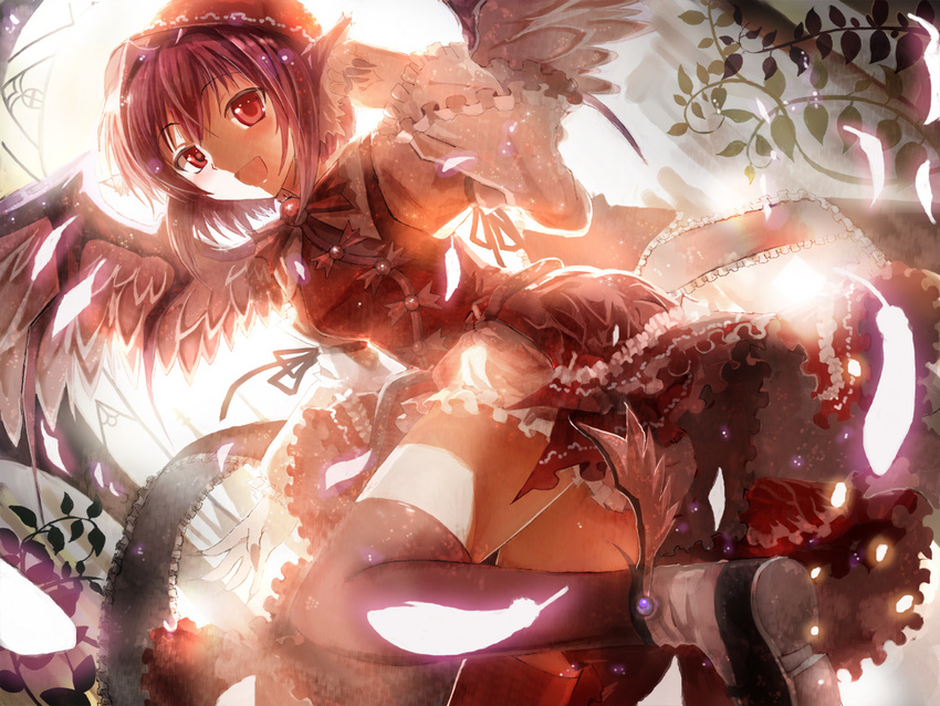 animal_ears anklet bloomers blush bow bowtie dress dutch_angle feathers fingernails happy hat jewelry long_fingernails looking_at_viewer mystia_lorelei open_mouth pink_hair red_eyes ribbon short_hair side_slit skirt smile solo thighhighs touhou ultimate_asuka underwear wallpaper wings zettai_ryouiki