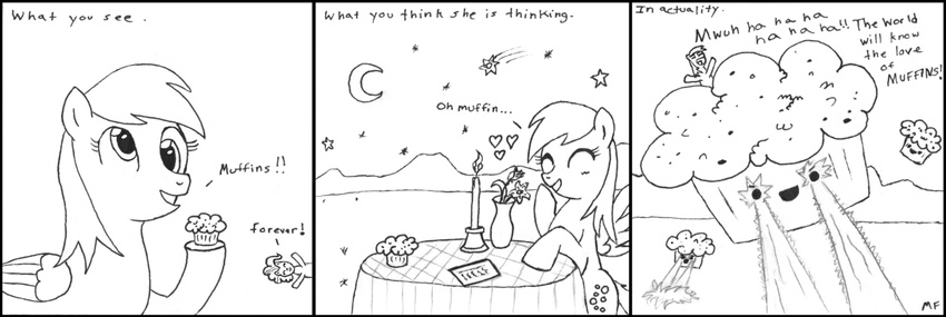 candle comic cutie_mark derpy_hooves_(mlp) equine female feral flower friendship_is_magic horse laser lasers mammal monochrome moon muffins muffinsforever my_little_pony pegasus pinkie_pie_(mlp) plain_background pony stars table white_background wings