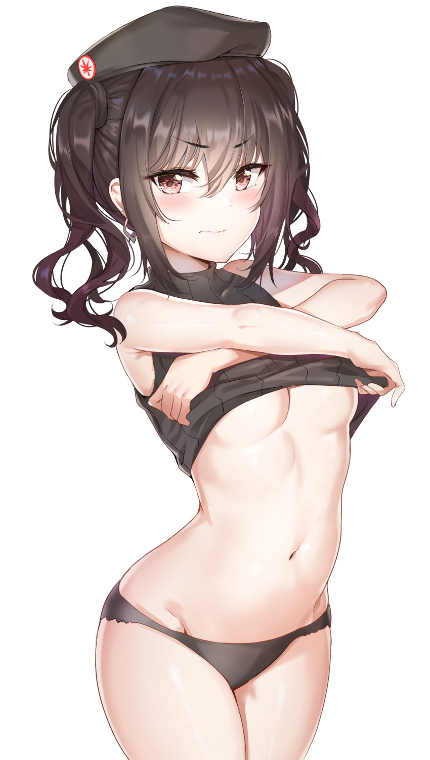1girl absurdres arched_back armpits bangs bare_arms bare_shoulders beret black_hat black_panties black_sweater blush breasts brown_eyes brown_hair closed_mouth commentary_request cowboy_shot crop_top earrings embarrassed eyebrows_visible_through_hair groin hair_between_eyes hat highres idolmaster idolmaster_cinderella_girls jewelry long_hair looking_at_viewer medium_breasts navel no_bra panties ribbed_sweater sidelocks simple_background sleeveless solo standing stomach sunazuka_akira sunhyun sweater twintails underboob underwear undressing v-shaped_eyebrows wavy_hair wavy_mouth white_background