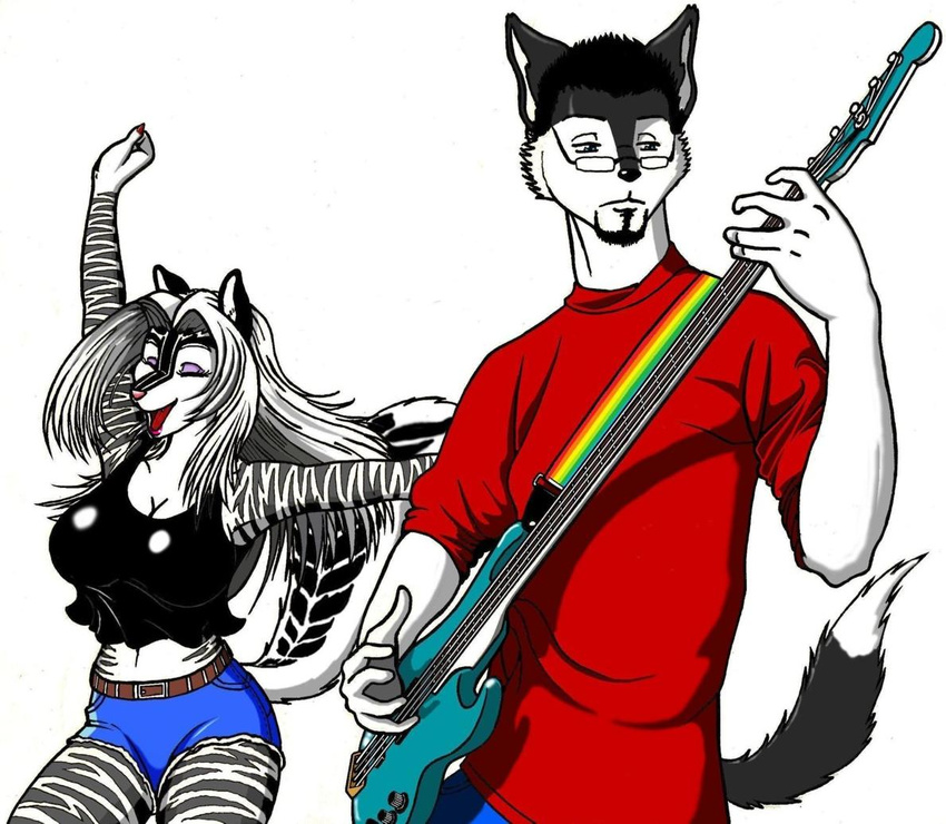 bare_midriff bass_guitar belt big_breasts breasts canine cleavage clothed clothing cutoffs dancing denim_shorts duo eyewear fanart female glasses guitar instrument jay jusu_kilappa malamute male mammal max_blackrabbit plain_background red_tongue shorts skunk white_background wide_hips zig_zag