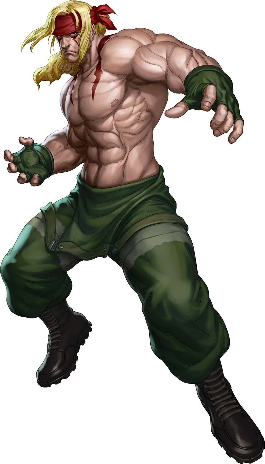 abs absurdres alex_(street_fighter) blonde_hair blue_eyes boots fingerless_gloves full_body gloves headband highres male_focus muscle official_art scar shirtless simple_background solo stanley_lau street_fighter street_fighter_iii_(series)