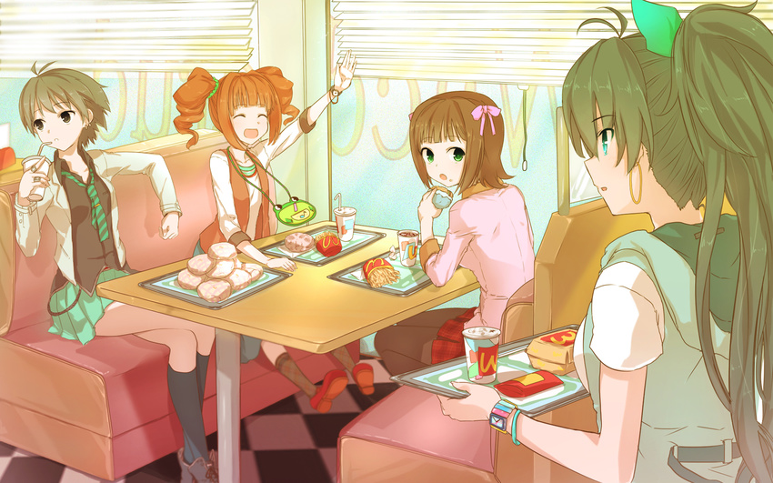 :d :o amami_haruka aqua_eyes argyle argyle_legwear arm_up bad_id bad_pixiv_id booth brand_name_imitation brown_hair closed_eyes drink drinking_straw earrings food food_on_face french_fries ganaha_hibiki green_eyes hamburger highres idolmaster idolmaster_(classic) jewelry kikuchi_makoto kneehighs looking_back mcdonald's minatsuki_randoseru multiple_girls necktie open_mouth pantyhose plaid plaid_skirt ponytail sitting skirt smile takatsuki_yayoi tray twintails