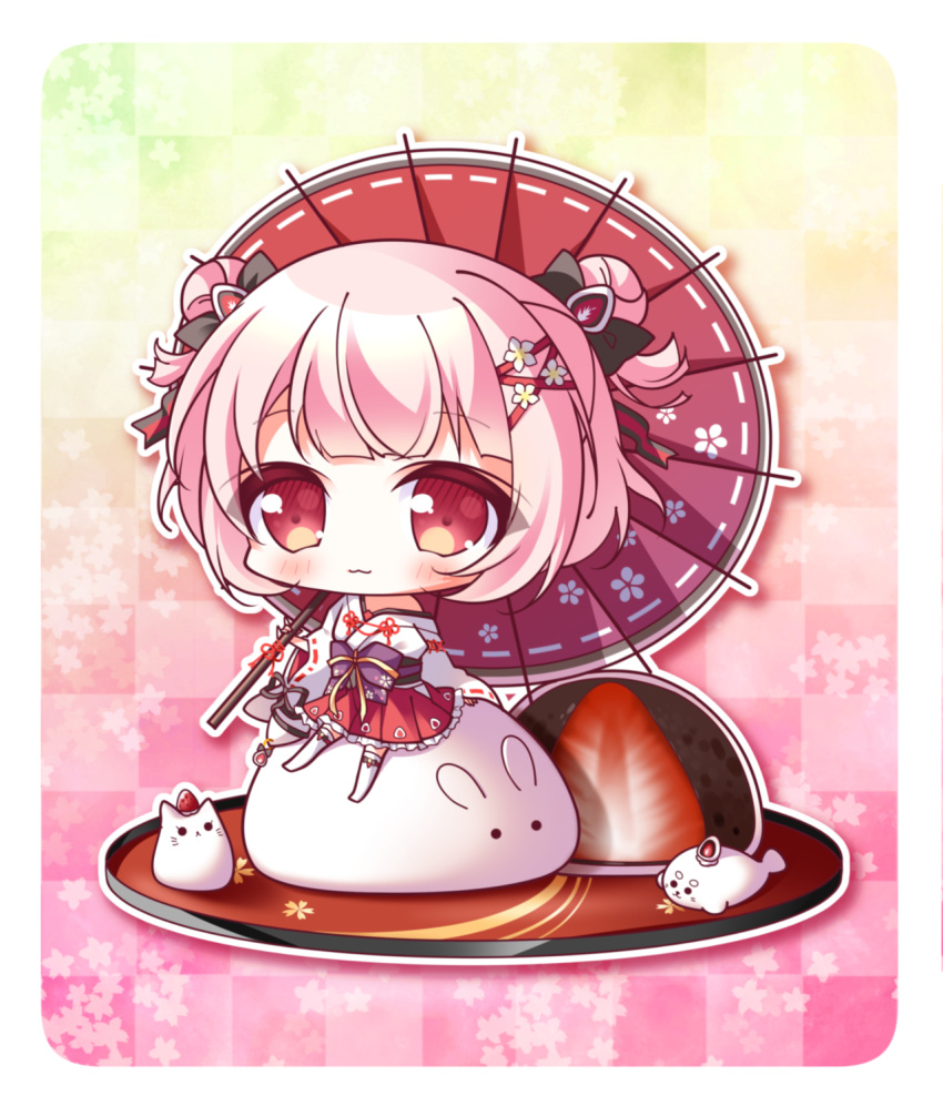 :3 animal bangs black_bow blush bow bunny cat character_request checkered checkered_background chibi closed_mouth commentary cuisine_dimension double_bun eyebrows_visible_through_hair flower food fruit hair_bow hair_flower hair_ornament hair_ribbon highres holding holding_umbrella japanese_clothes kimono long_sleeves looking_at_viewer obi off_shoulder oriental_umbrella pink_hair pleated_skirt red_eyes red_ribbon red_skirt red_umbrella ribbon ribbon-trimmed_sleeves ribbon_trim ryuuka_sane sash seal short_hair side_bun sitting skirt sleeves_past_wrists solo strawberry thighhighs tray umbrella white_flower white_kimono white_legwear wide_sleeves