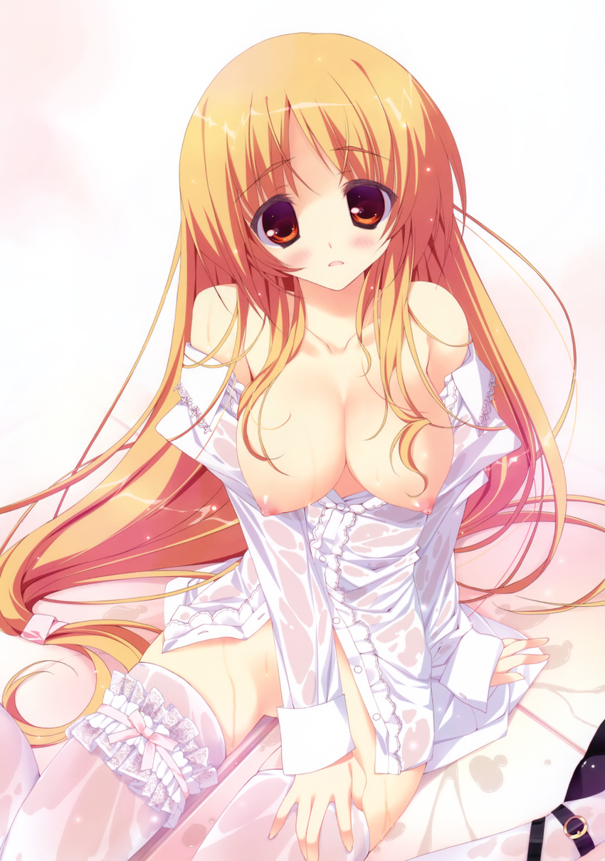 absurdres breasts dress_shirt garters highres hoshizora_e_kakaru_hashi large_breasts nipples no_panties open_clothes open_shirt shirt solo thighhighs toudou_tsumugi tsurusaki_takahiro wet wet_clothes