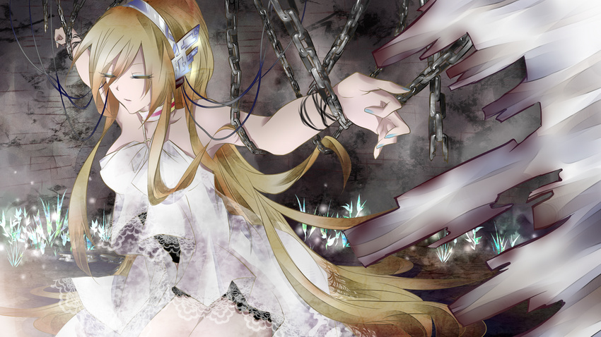 bare_shoulders blonde_hair cable chain closed_eyes dress headphones highres lily_(vocaloid) long_hair nail_polish solo tyouya vocaloid