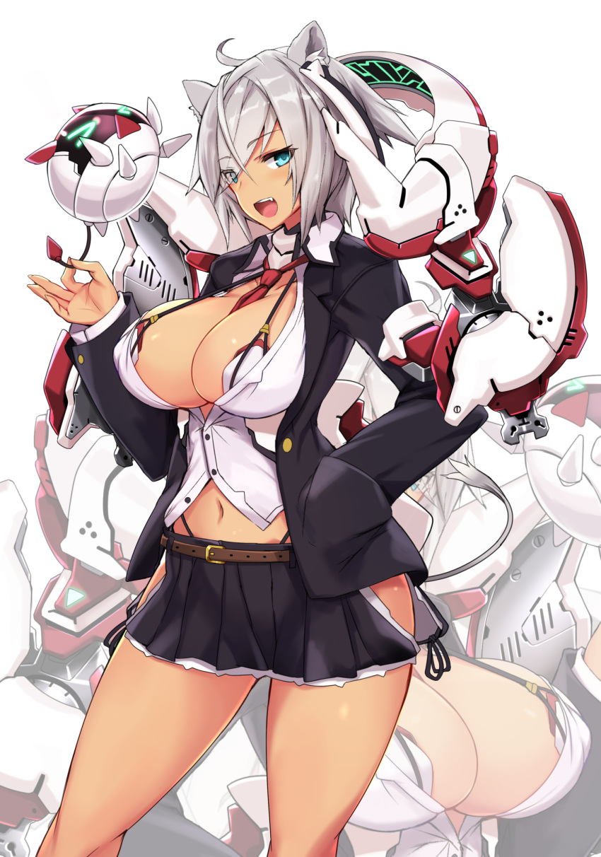 1girl :d ahoge animal_ears belt between_breasts black_jacket black_skirt blue_eyes breasts cleavage fang grey_hair hair_over_one_eye hand_in_pocket highres jacket large_breasts looking_at_viewer mecha_musume navel necktie open_mouth original red_neckwear robot sessue short_hair skirt smile solo standing white_background zoom_layer