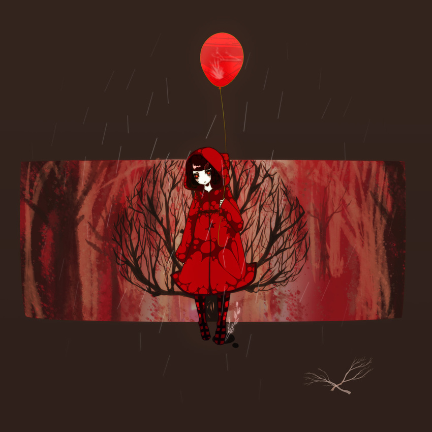 balloon black_hair branch brown_background child dress highres hood rain red_background red_dress red_eyes robin_(the_path) short_hair solo the_path