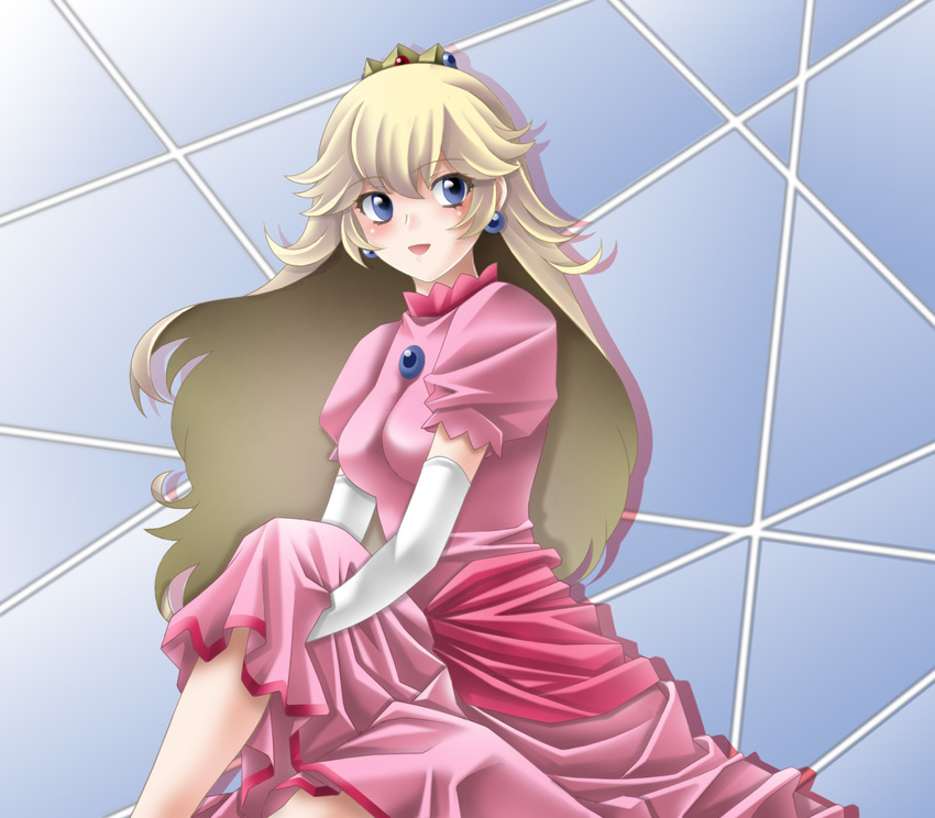 bad_id bad_pixiv_id blonde_hair blue_eyes crown dress earrings gown highres jewelry long_hair mario_(series) pink_dress princess_peach solo super_mario_bros. tamamon