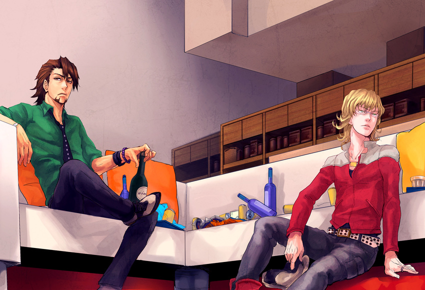 alcohol bad_id bad_pixiv_id barnaby_brooks_jr belt blonde_hair boots bracelet brown_eyes brown_hair cabbie_hat chips couch facial_hair food glasses green_eyes hat highres jacket jewelry kaburagi_t_kotetsu male_focus multiple_boys necktie perspective red_jacket sitting smile stubble studded_belt tiger_&amp;_bunny watch wine wristwatch yt-nagi