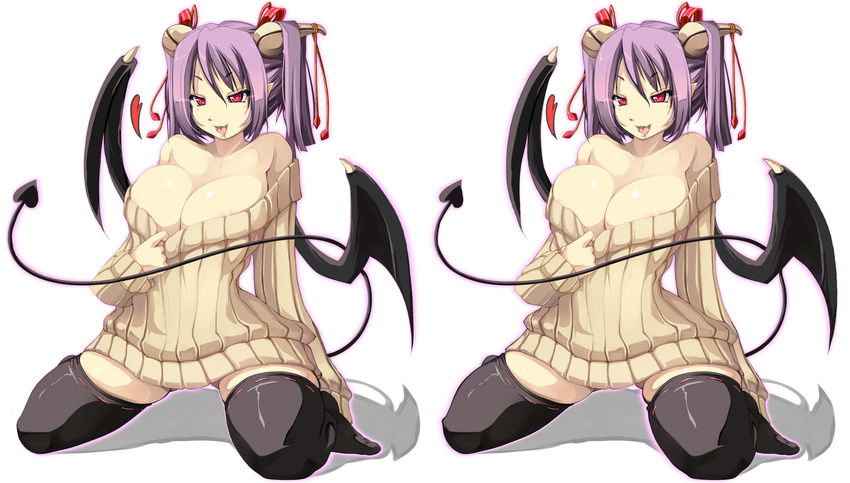 bare_shoulders bat_wings black_legwear breasts cleavage curvy demon_girl heart highres hips huge_breasts kneeling naked_sweater naughty_face open_mouth original psychedelic_g2 purple_hair red_eyes saliva shiki_(psychedelic_g2) solo stereogram succubus sweater thighhighs tongue wide_hips wings zettai_ryouiki