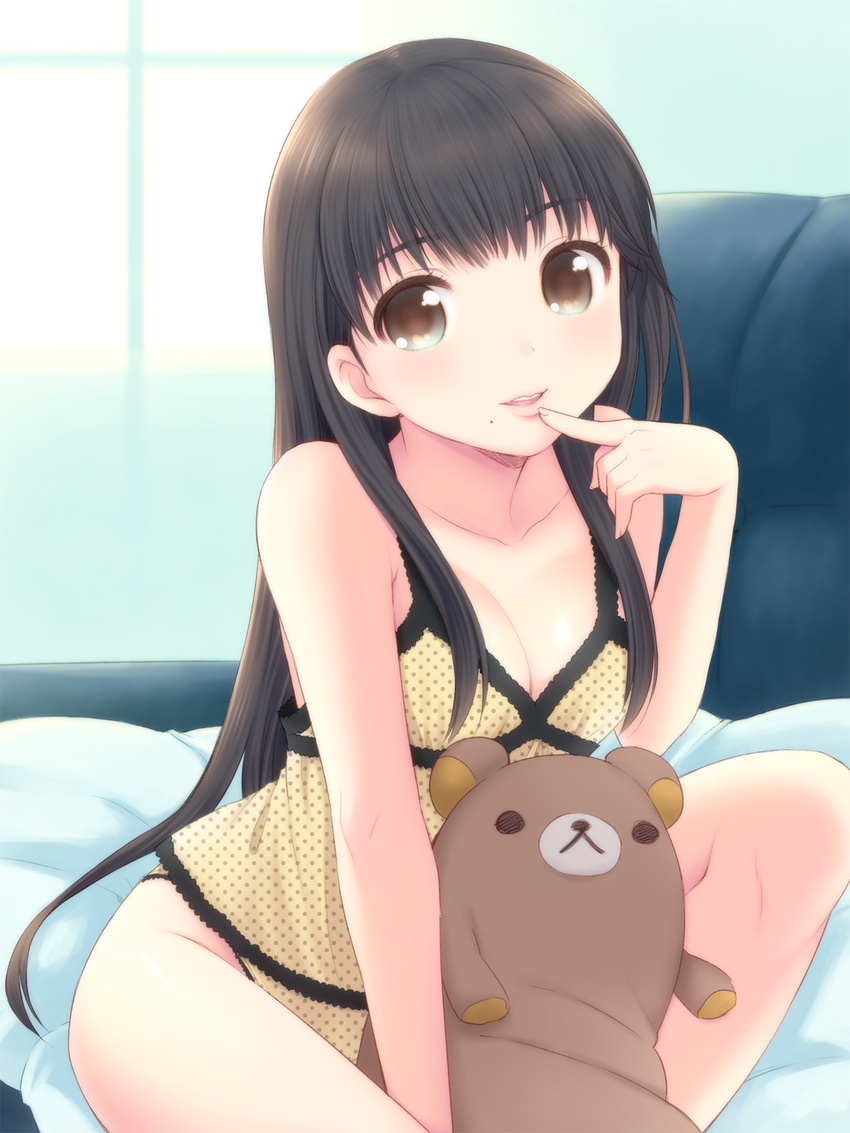 bare_shoulders black_hair breasts brown_eyes camisole cleavage finger_to_mouth hands highres lingerie lips long_hair medium_breasts mole mole_under_mouth original panties polka_dot polka_dot_panties sitting smile solo stuffed_animal stuffed_toy underwear underwear_only usashiro_mani