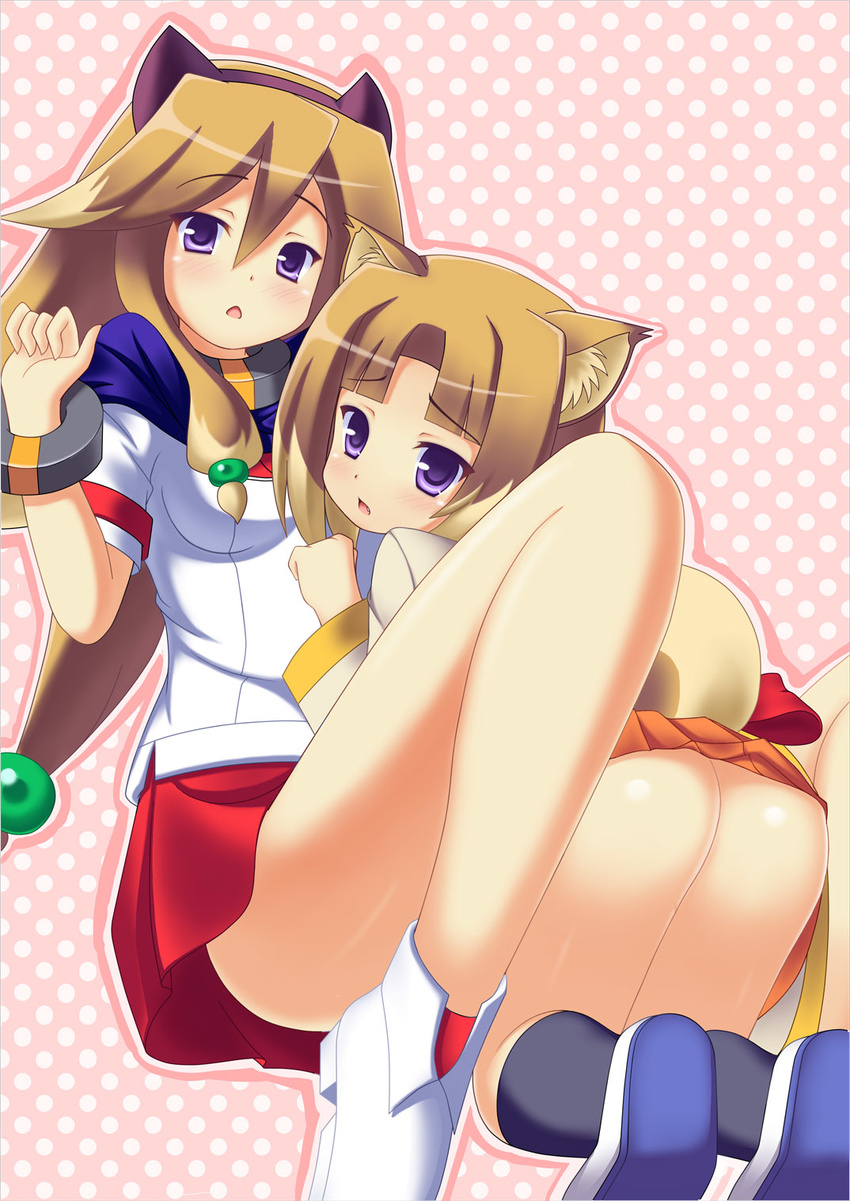 2girls animal_ears aq_interactive arcana_heart arcana_heart_2 artist_request ass atlus blue_eyes blush breasts brown_hair character_request examu female highres inuwaka_akane inuwaka_nazuna katsushi long_hair multiple_girls no_panties open_mouth short_hair skirt tail