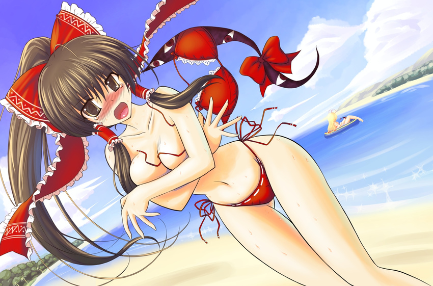 beach bikini blonde_hair blush bow breasts brown_eyes brown_hair cleavage clothes_theft cloud colorized covering covering_breasts day gap hair_bow hair_tubes hakurei_reimu hat long_hair medium_breasts multiple_girls navel ocean open_mouth outdoors ribbon side-tie_bikini swimsuit swimsuit_theft the-ta theft touhou untied water yakumo_yukari yamu_(reverse_noise)