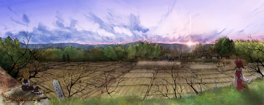 arms_behind_back blonde_hair bow brown_hair cloud detached_sleeves faux_traditional_media field grass hair_bow hair_tubes hakurei_reimu hat hat_removed headwear_removed highres kenshin kirisame_marisa landscape multiple_girls nature rock rope scenery shide shimenawa sky sotoba sun sunset touhou tree village witch_hat
