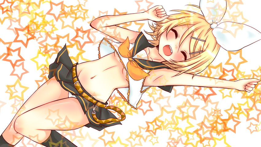 armpits bad_id bad_pixiv_id belt blonde_hair bow breasts closed_eyes collarbone fang groin hair_ornament hair_ribbon hairclip highres hina_no_anzu kagamine_rin midriff navel no_bra open_mouth panties pantyshot pantyshot_(standing) ribbon skirt small_breasts socks solo standing star starry_background underboob underwear vocaloid white_panties