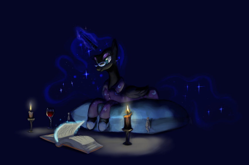 alicorn beverage black_fur blue_hair book candle candlelight clothed clothing cutie_mark cyan_eyes dark equine eyeshadow eyewear female feral fire friendship_is_magic fur glasses hair horn lunarapologist magic makeup mammal moon my_little_pony night nightmare_moon_(mlp) nightshirt pajamas pillow plain_background reading slippers slit_pupils solo wine wine_glass winged_unicorn wings