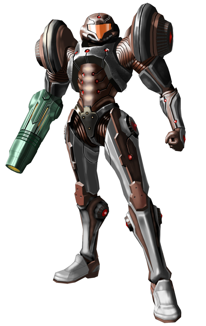 armor boots corruptroid dark_suit full_body gun helmet highres metroid power_armor power_suit samus_aran simple_background solo weapon