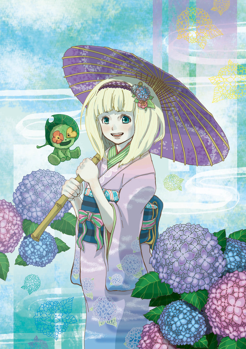 ao_no_exorcist blonde_hair blue_eyes blush flower hair_ornament hairband highres hydrangea japanese_clothes kimono moriyama_shiemi nii_(ao_no_exorcist) open_mouth oriental_umbrella short_hair smile solo umbrella