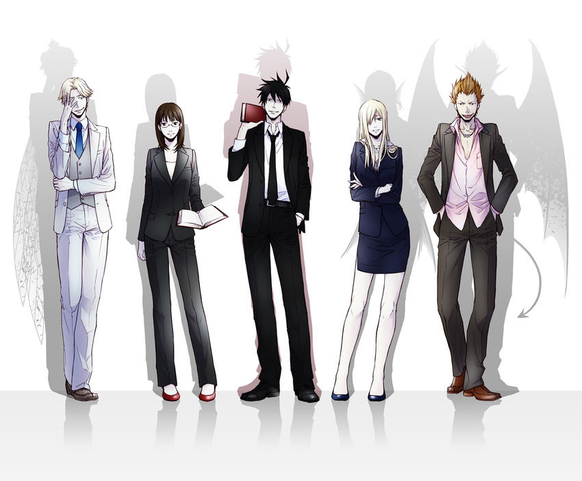 3boys akutabe alternate_form azazel beelzebub_(azazel-san) black_hair blonde_hair formal glasses kagami_ei lineup multiple_boys multiple_girls necktie no_eyebrows sakuma_rinko suit undine_(azazel-san) yondemasu_yo_azazel-san.