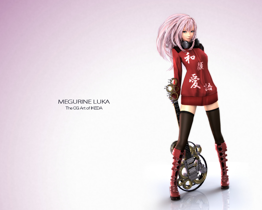 3d black_legwear blue_eyes boots guitar headphones headphones_around_neck ikeda_(hayato) instrument lips long_hair megurine_luka pink_hair reflection solo standing sweater thighhighs vocaloid wallpaper zettai_ryouiki