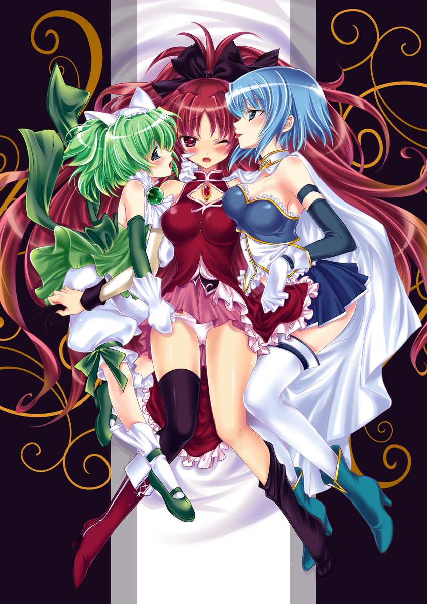 bare_shoulders black_legwear blue_eyes blue_hair blush boots bow breasts cape chitose_yuma fang gloves green_hair hair_bow high_heels highres large_breasts licking long_hair magical_girl mahou_shoujo_madoka_magica mahou_shoujo_oriko_magica mary_janes miki_sayaka multiple_girls nadi2697 one_eye_closed open_mouth panties panty_pull ponytail red_eyes red_hair sakura_kyouko shoes short_hair short_twintails single_shoe skirt thighhighs tongue twintails underwear undressing very_long_hair white_gloves white_legwear yuri