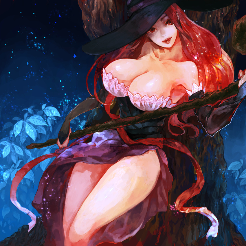 bare_shoulders breasts cleavage detached_sleeves dragon's_crown dress fujiyasu hat large_breasts lips long_hair night solo sorceress_(dragon's_crown) staff strapless strapless_dress thighs witch_hat