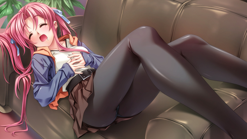 belt black_legwear couch game_cg itoshii_kanojo_no_mamorikata legs long_hair long_legs ooi_narumi open_mouth panties panties_under_pantyhose pantyhose pink_hair saliva senomoto_hisashi skirt sleeping solo twintails underwear