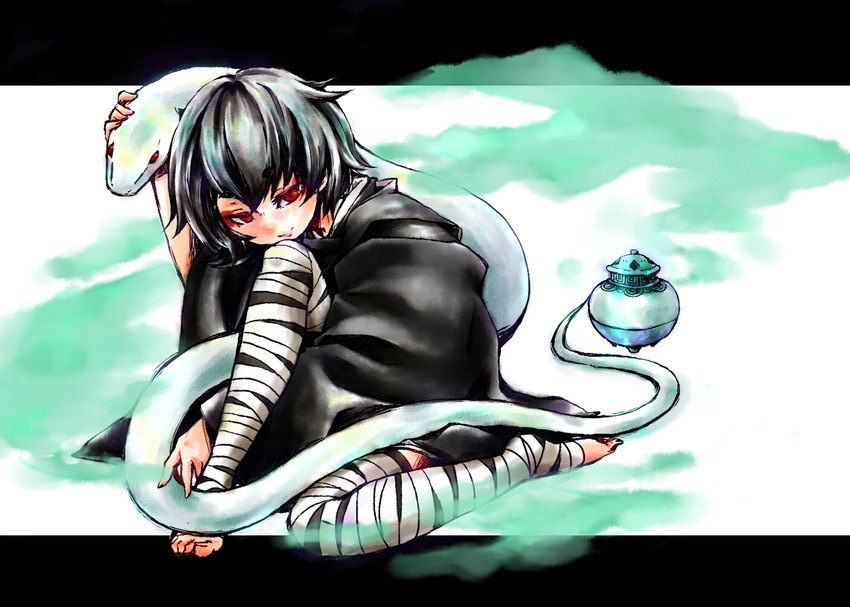 alternate_costume bandages barefoot black_hair cloak container eyeshadow houjuu_nue makeup red_eyes short_hair siroooo sitting smile smoke snake solo touhou